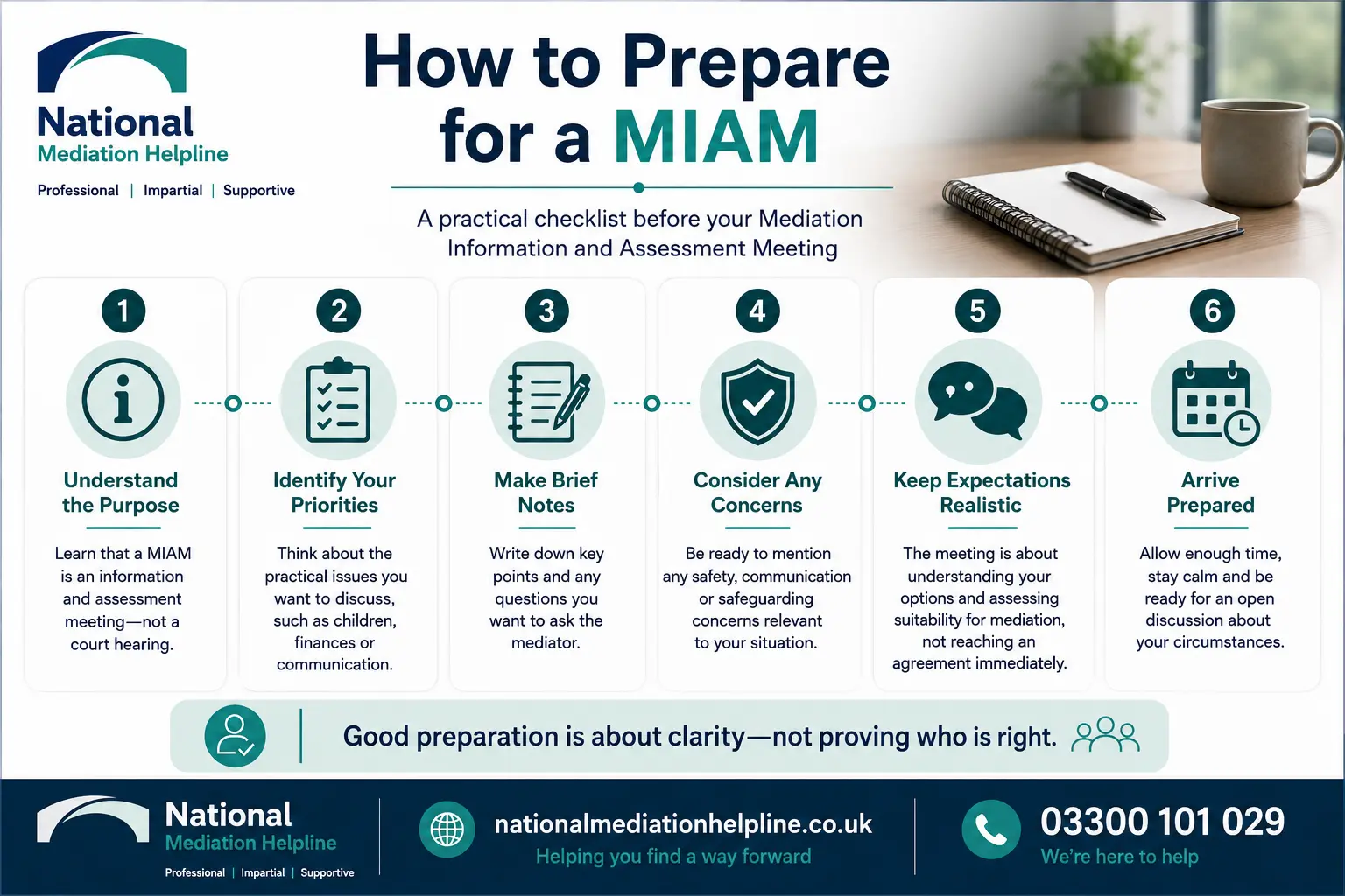 How to prepare for a miam in East Sussex How to prepare for a miam infographics , explaining How to prepare for a miam in East Sussex:  Understand how to prepare for a miam in 6 Steps